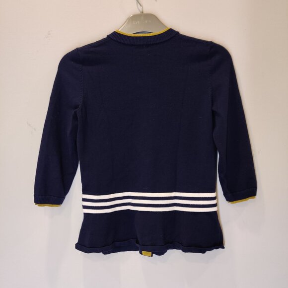 Laura Petites Navy Blue Button-Up Cardigan with Yellow Trim & Striped Waist | XS - Picture 3 of 5